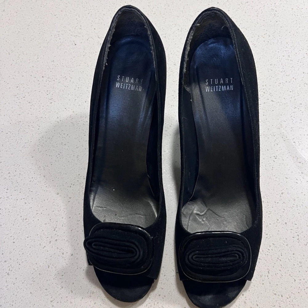 Stuart Weitzman Black Peep-Toe Pumps with Bow Accent